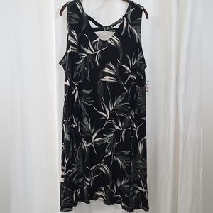 Style Co 2X Black Olive Green Tropical Palm Sleeveless Strappy Midi Knee Dress